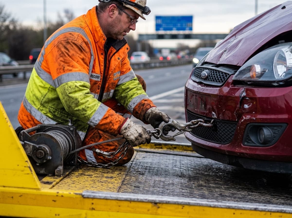 KG Recovery operator winching a damaged vehicle onto a flatbed recovery truck