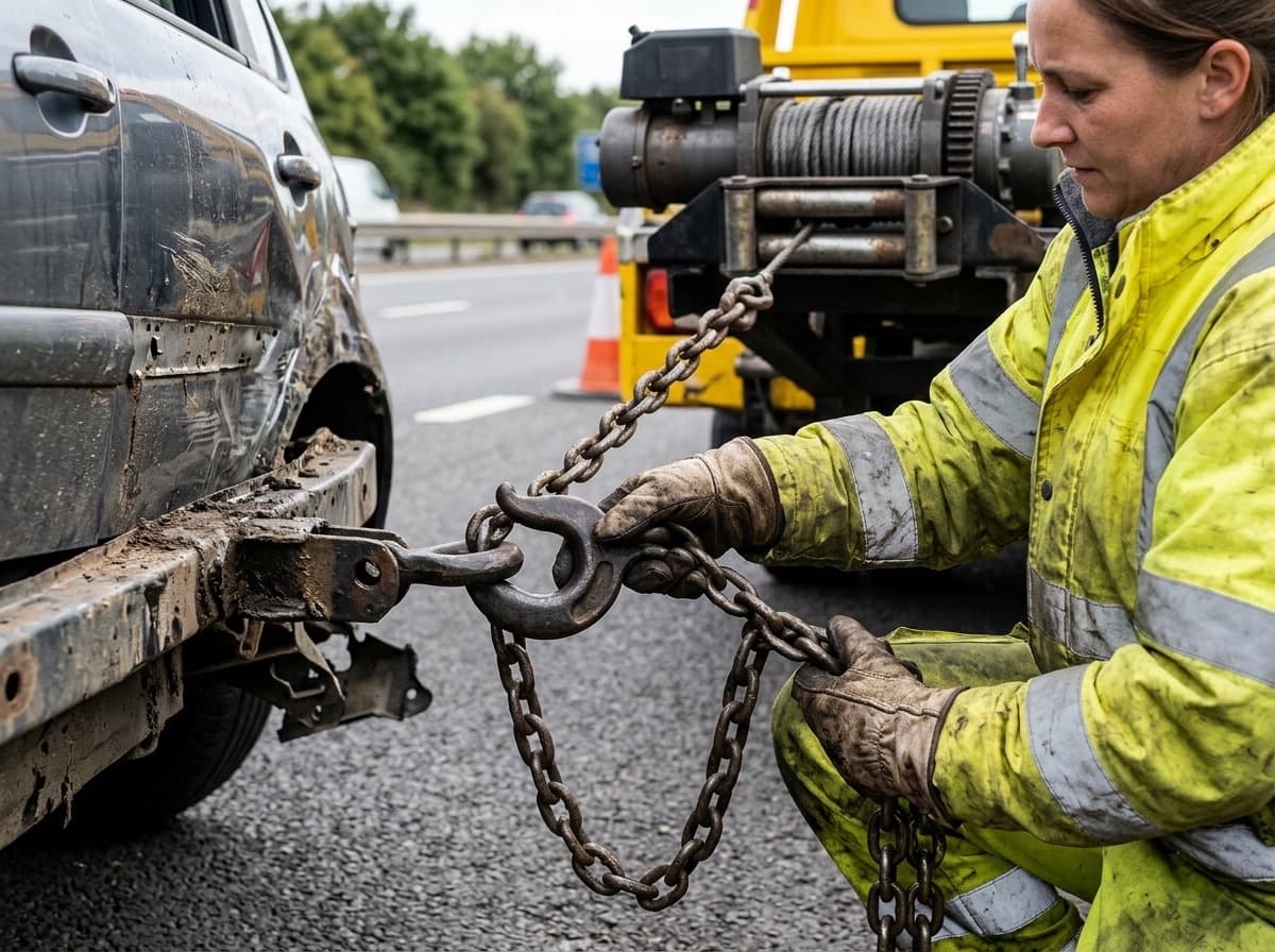 KG Recovery attaching a tow hook and chain to a vehicle at the roadside