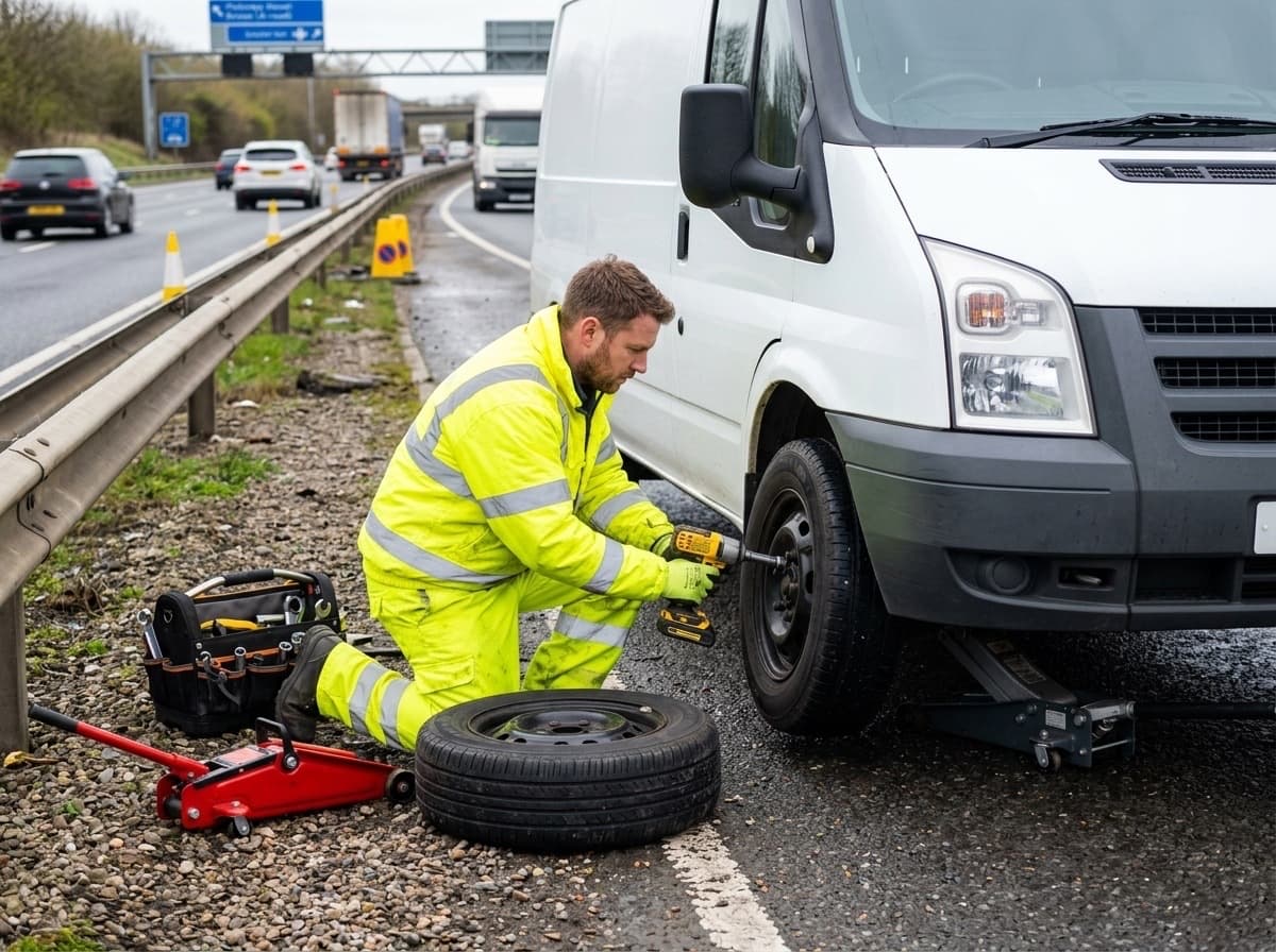 KG Recovery operator changing a wheel at the roadside on the hard shoulder