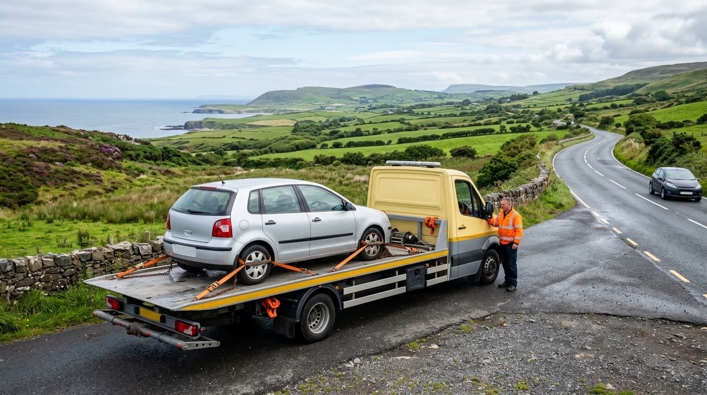 A recovered car on a flatbed being transported along the Co. Antrim coast road