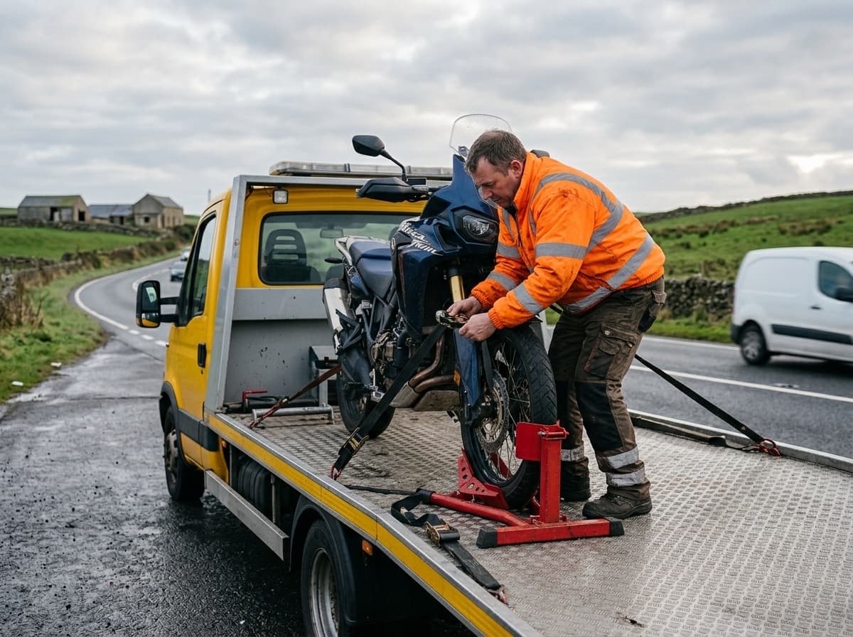 KG Recovery securing a motorcycle onto a flatbed for recovery